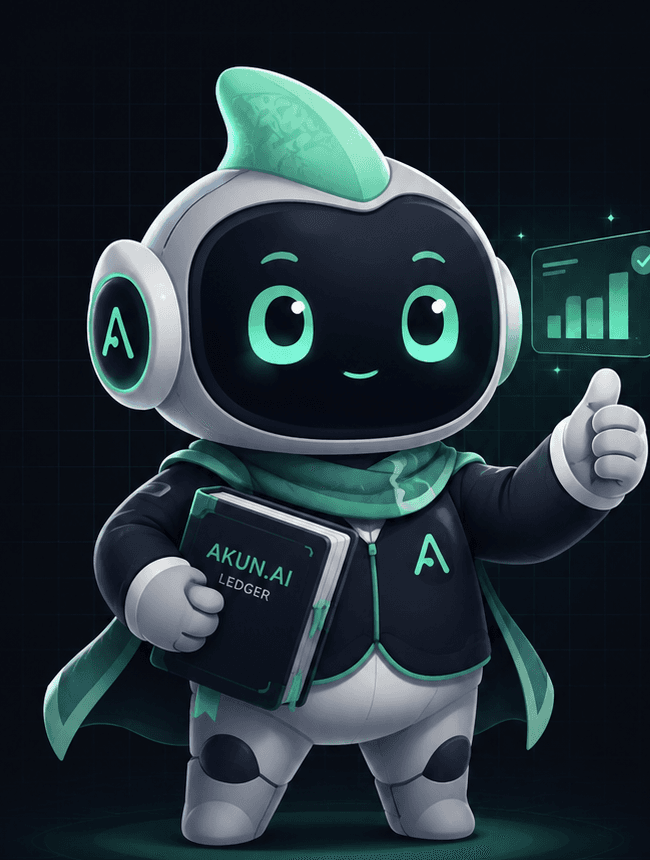 Maskot Akun.AI membawa ledger dan memberi insight bisnis